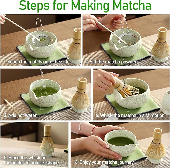Matcha Whisk Set, Ceramic Matcha Bowl with Spout, Bamboo Whisk, Scoop, Holder, Sifter, Tea Towel, 7-Piece Artisan Wave Matcha Kit Set for Making Breakfast/Latte, Round Green, Large