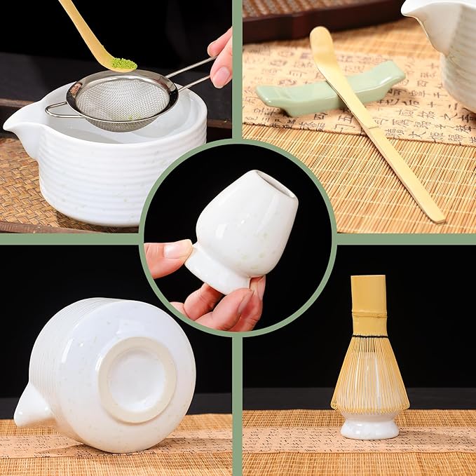 Matcha Whisk Set, Matcha Whisk and Holder, Stainless Sifter & Bamboo Scoop, Towel, 7 PCS Matcha Starter Kit for Matcha Lovers, White