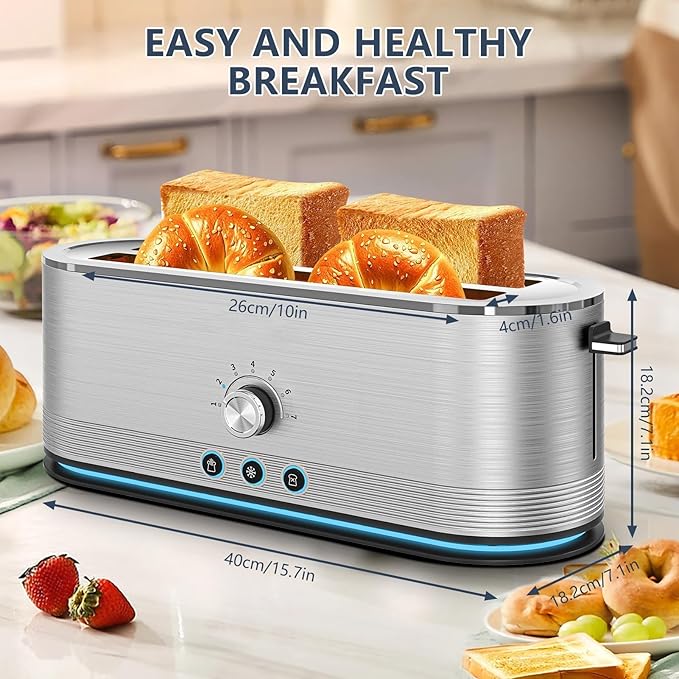4-Slice Toaster, 7 Browning Settings, Removable Crumb Tray, Full body Stainless Steel Housing 1350W ，Anti-Fingerprint & Anti-Jam,Stainless Steel