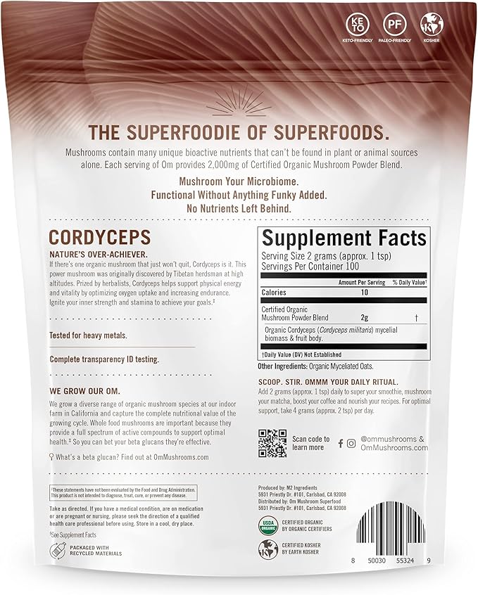 OM Mushroom Cordyceps Powder 7.05 oz (100 Servings) – Organic, Vegan, Non-GMO, Gluten-Free – Energy, Stamina & Endurance Support – Adaptogenic Superfood for Sports, Performance, Smoothies & Tea