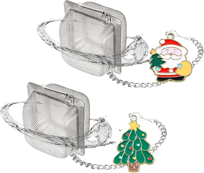Christmas Themed Tea Infuser Set, Cube Tea Diffusers for Loose Tea, Reusable Tea Steeper with Christmas Tree and Santa Claus Pendant, 2 PCS