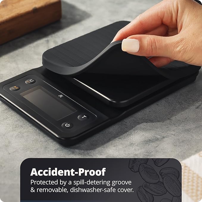 Greater Goods Digital Coffee Scale with Timer – Accurate 0.1g Precision, Multi-Color Display, Waterproof & Heat-Resistant Cover, for Pour-Over, Espresso, French Press, and Kitchen Use (Onyx Black)