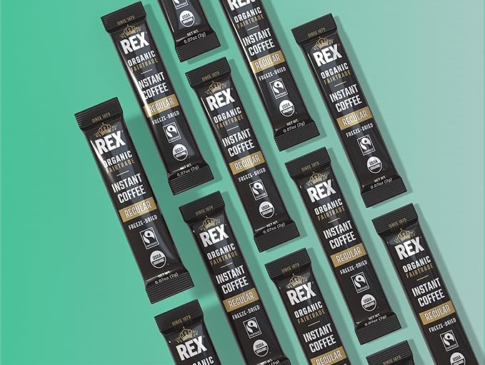 Rex Organic Fairtrade Freeze-Dried Instant Coffee Sticks, Medium Roast Arabica, 25 Single-Serve Packs, USDA Organic & Fairtrade Certified