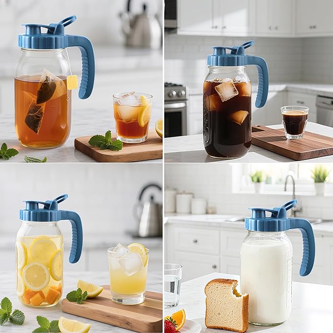 Half Gallon Glass Pitcher With Lid 64 Oz Wide Mouth Mason Jar Cold Hot Water Pitcher 2 Quart Sun Tea Glass Jar For Outside For Fridge Lemonade, Beverage,Milk,Juice, Cold Brew Iced Tea Container