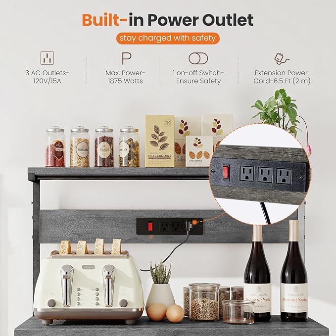 Sweetcrispy Kitchen Bakers Rack with Power Outlet, Coffee Bar Table 4 Tiers, Microwave Oven Stand Station, Adjustable Storage Shelf for Spices, Freestanding Appliance Organizer - 32 Inch, Gray