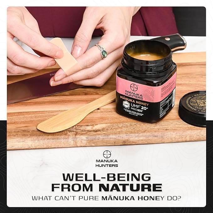 Manuka Hunters UMF 20+/MGO 830+ Certified New Zealand Manuka Honey - 100% Pure Natural Sweetener - Gluten, Dairy Free - Ideal for Tea, Coffee, Smoothies, and Baking - Sustainable - 4.4oz/125g/85ml Jar