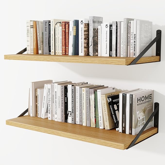 Deep Wall Shelves 30"W x 12"D Engineered Wood Floating Shelves for Wall, Sturdy Metal Bracket Bookshelves Home Decor Storage for Living Room Bedroom Bathroom Kitchen, Set of 2, Oak Finish