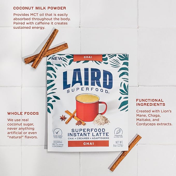 Laird Superfood Chai Instant Latte with Adaptogens - Instant Chai Tea Powder with Superfood Coconut Creamer - Gluten Free, Non-GMO, Vegan, 8 oz. Bag, Pack of 1