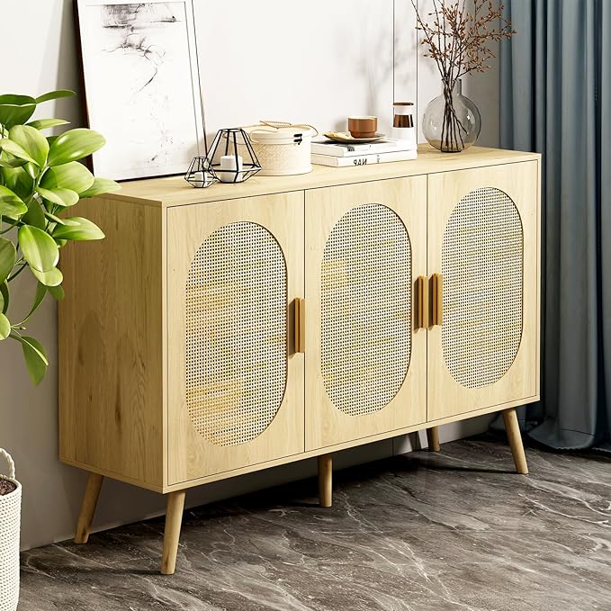 Storage Cabinet with Rattan Doors, Modern Farmhouse Coffee Bar Cabinet, Sideboard Buffet for Living Room, Entryway, Dining Room and Kitchen, Natural (Style Two)