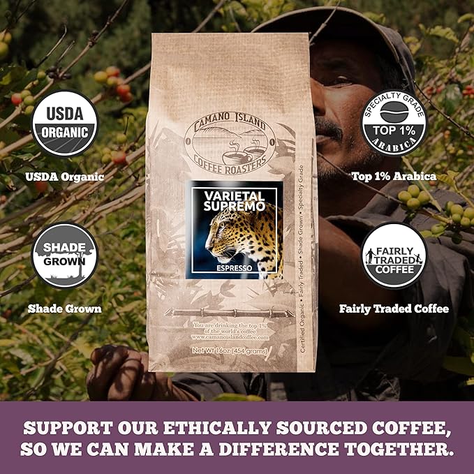 Camano Island Coffee Roasters Varietal Supremo Espresso Blend, Ground 1lb, Fresh Dark Roast, USDA Organic, Fairly Traded, Shade Grown Arabica, Chocolate, Caramel, Hint of Spice Flavor Profile