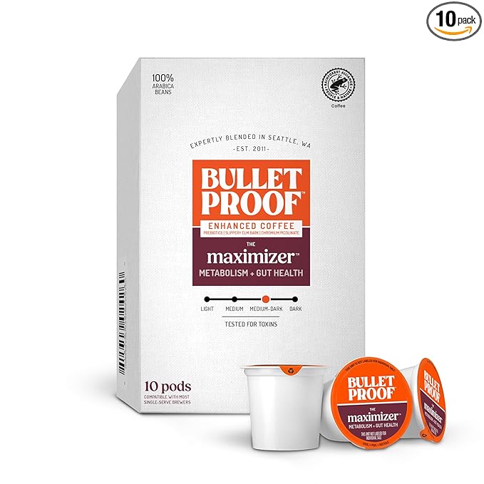 Bulletproof The Maximizer Single-Serve Coffee Pods, 10 Count, Clean Coffee with Prebiotics, Metabolism and Gut Health Support, Packaging May Vary