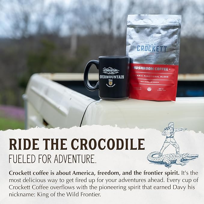 Crockett Coffee Organic Mushroom Coffee with MCT Oil | Antioxidant Rich Functional Blend of 7 Organic Mushrooms for Clear Focus, Gut Health & Clean Energy | Bold American Made Flavor, 30 Servings