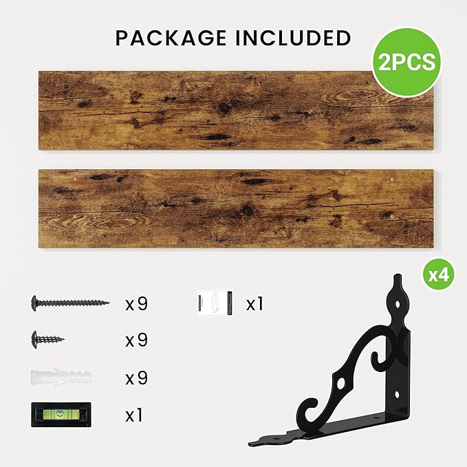 RICHFOCUS Floating Shelves for Wall Decor, 39.4W x 8D Shelves Set of 2, 8 Inch Deep Rustic Wood Shelves Wall Mounted with Brackets, Long Floating Shelves for Living Room Bedroom Kitchen, Rustic Brown