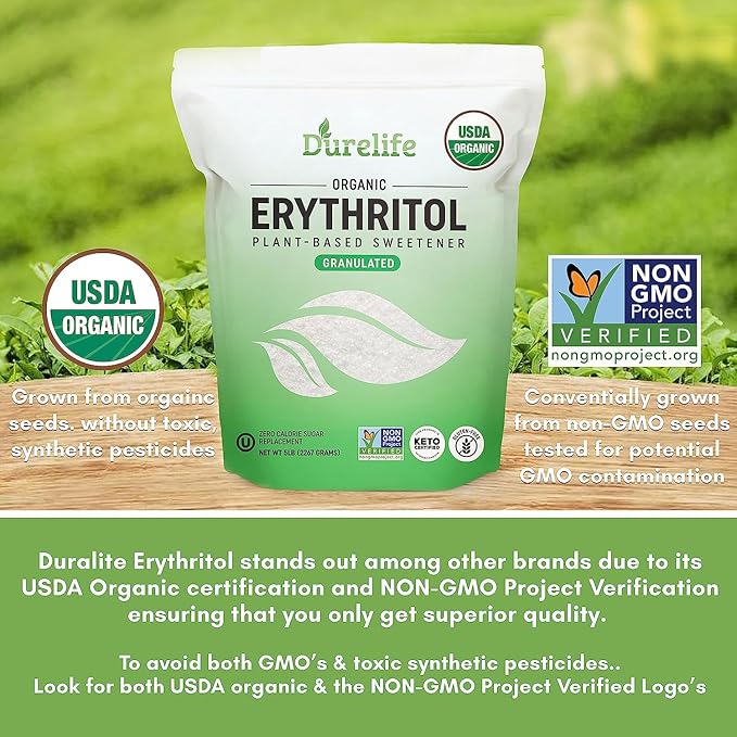 Durelife USDA organic erythritol sweetener, non gmo verified, Keto certified, No After Taste, Kosher, Zero Calorie Plant-Based Sugar Alternative 5 LB