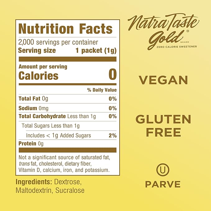 NatraTaste Gold Zero Calorie Sucralose Sweetener Packets, 2000 Ct., Gluten Free, Vegan, Sugar Substitute for Hot and Cold Drinks, Coffee, Iced Tea, Baking and More