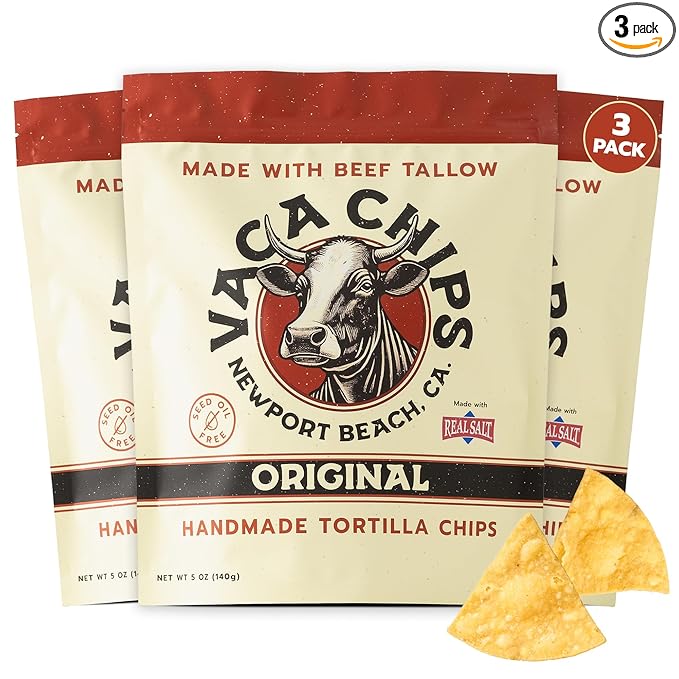Vaca Chips – Beef Tallow Tortilla Chips, Original Flavor – 3 Pack of 5 oz Bags – Seed Oil Free Snack Made with Organic Corn & Sea Salt – Gluten Free, No Preservatives, Cooked in Beef Tallow