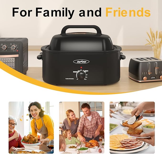 Sunvivi 24 Quart Electric Roaster Oven Turkey Roaster with Lid Electric Roasters with Removable Pan Large Roaster,Visible & Self-basting Lid, Fast Heating & Thaw/warming Setting,Black
