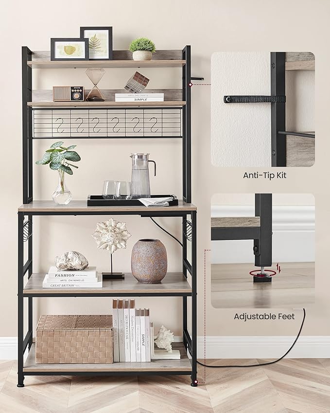 VASAGLE Bakers Rack with Power Outlet, Microwave Stand, Kitchen Tall Utility Storage Shelf, with Metal Wire Panel, 14 Hooks, 15.7 x 31.5 x 66.9 Inches, Heather Greige and Ink Black UKKS025B02