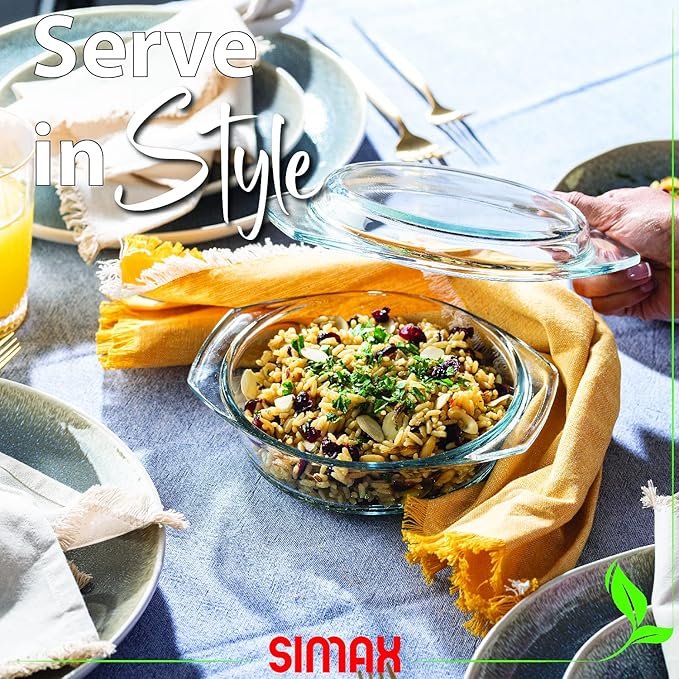 SIMAX Casserole Dish with Lid, 1 Quart Round Glass Casserole, Baking Dish, Oven, Microwave, Dishwasher Safe, Yellow, Borosilicate Glass, 946.35 cm