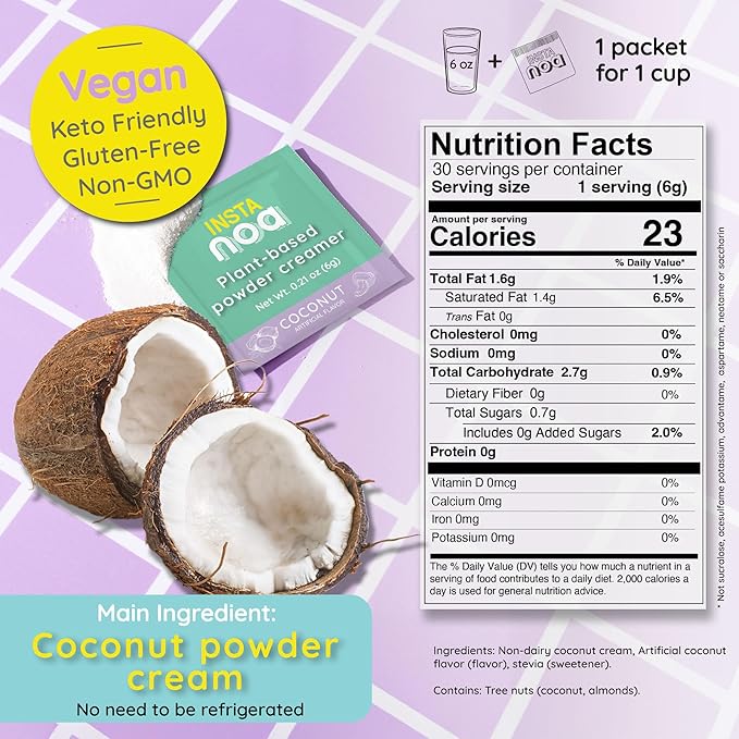 NOA Plant-Based Powder Creamer - Dairy-Free Coconut & Coconut Flavor, No Sugar, Vegan, Keto-Friendly, Instant Non-Dairy Coffee Enhancer, 30 Sachets of 6g
