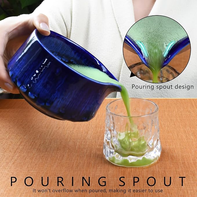 Artcome Matcha Tool Set - Complete Kit with Matcha Bowl with Spout, Bamboo Whisk, Tea Scoop, Whisk Holder, Scoop Holder, Tea Cloth & Powder Strainer, Glaze Blue