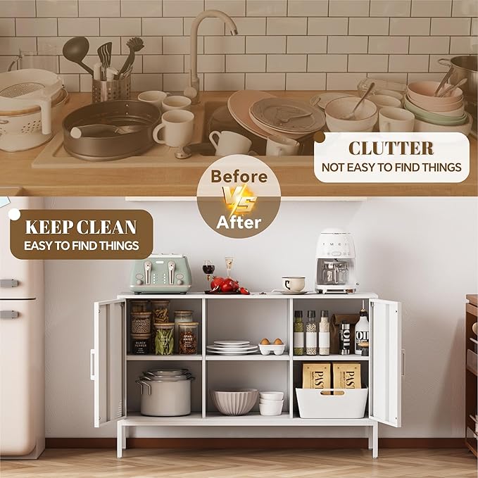 Metal Storage Cabinet,Metal White TV Stand,Coffee Bar Buffet Cabinet Kitchen Sideboard Storage with Adjustable Shelves for Living Room Bedroom