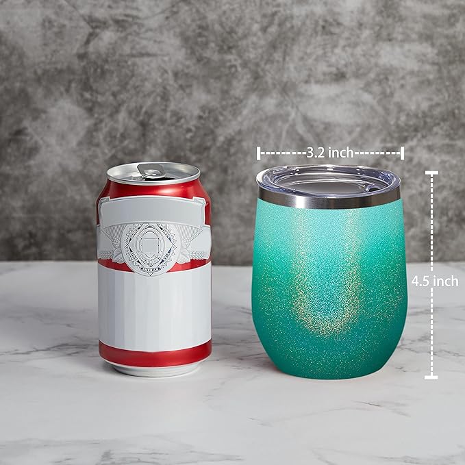 MEWAY Stemless 12oz Wine Tumbler Glasses with Lid -Insulated Double Wall Vacuum Stainless Steel Glitter Tumbler with Straw,for Woman Under 10 dollars(Gradient Blue,1)