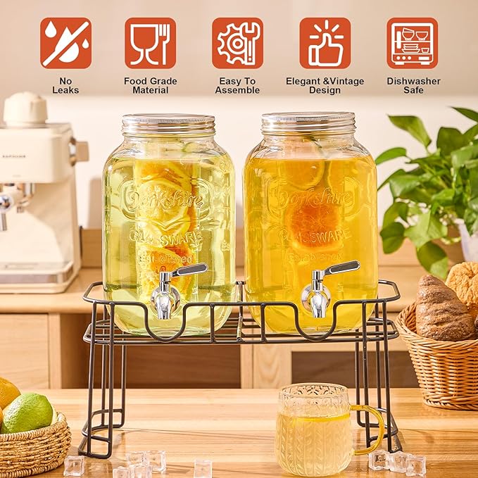 1 Gallon Glass Drink Dispensers for Parties, 2PACK Beverage Dispenser with Stand, Fruit Infuser and Stainless Steel Spigot 100% Leakproof, Beverage Dispenser for Lemonade Sun Tea