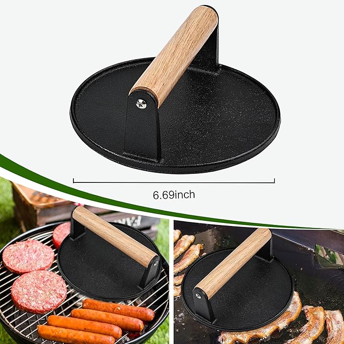 POLIGO Smash Burger Press Kit - 4 in 1 Hamburger Patty Storage Containers,6.69" Round Cast Iron Smash Bacon Press- Non Stick Smash Burger Press Set for Grill and Griddle Cooking