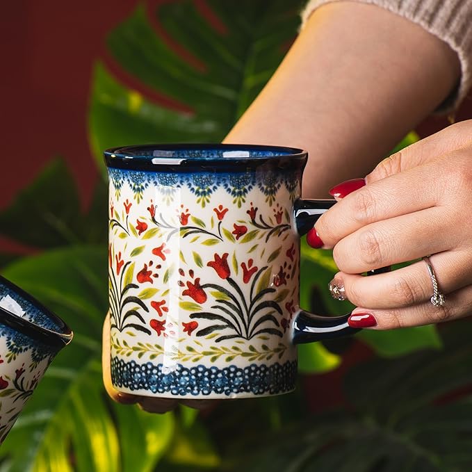 Ceramic Latte Mug Set of 4, 15.5oz Hand Painted Porcelain Coffee Cups With Big Handle - Modern,Retro Design For Any Kitchen. Microwave and Dishwasher Safe (The tulip)