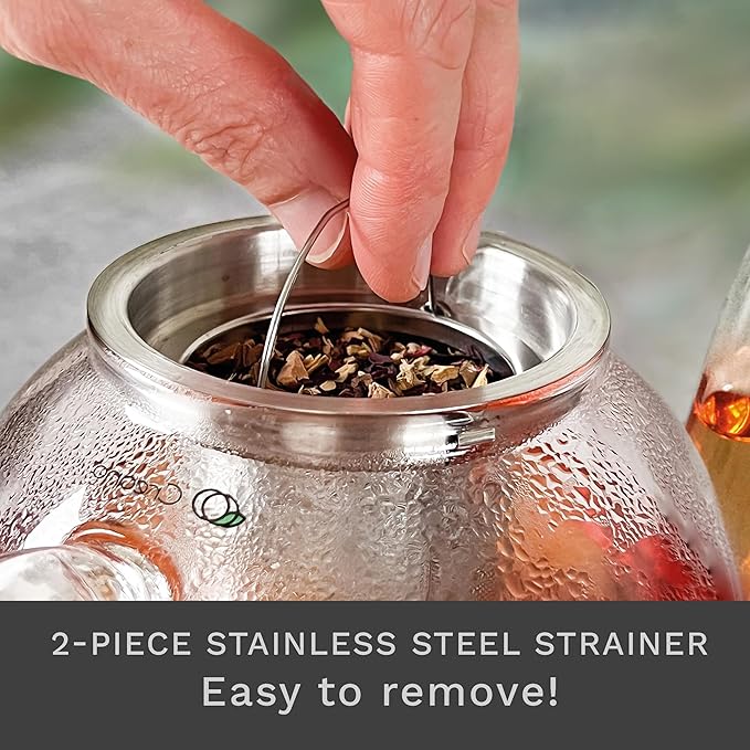 Creano glass teapot 34oz (1000ml), tea maker with integrated stainless steel strainer and glass lid, ideal for preparing loose teas, drip-free, all-in-one