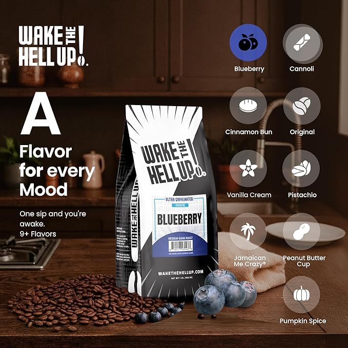 Wake The Hell Up! 1lb Ultra-Caffeinated Blueberry Ground Coffee, Low Acid, Medium-Dark Roast