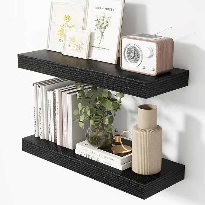 Heimlove 24 Inch Floating Shelves for Wall Black Shelves Set of 2,Wall Mounted Rustic Wood 8 Inch Deep Floating Shelf with Invisible Brackets for Bedroom Kitchen Living Room
