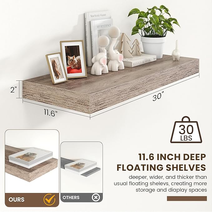 30 Inch Floating Shelves | 12 Inch Deep Grey Floating Shelves | 30" W x 12" D Rustic Wood Shelves for Wall | Deep Grey Shelves for Living Room Bathroom Laundry Room Kitchen