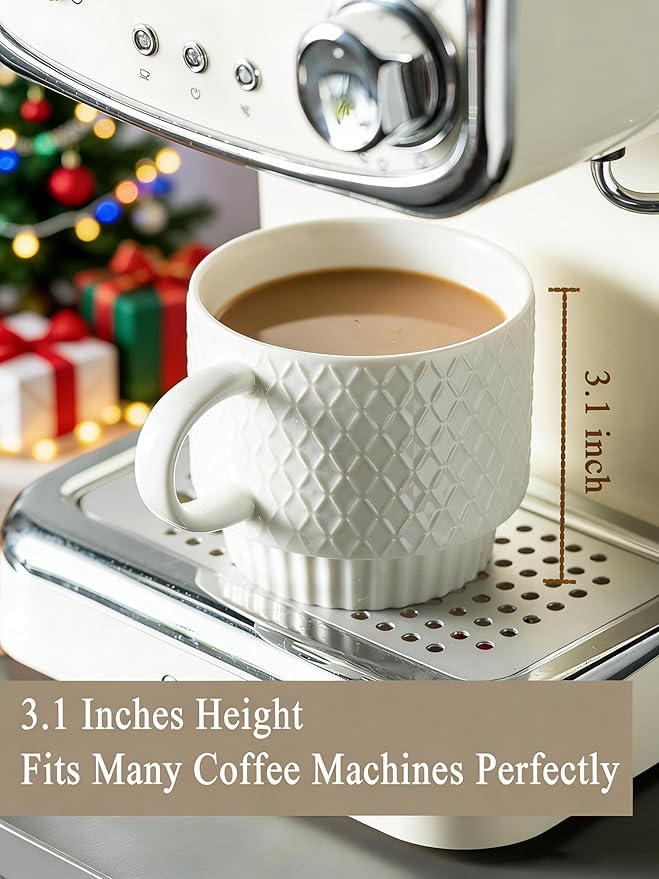 Gomakren Stackable Coffee Mugs Set with Stand, Coffe Cup with Tea Spoon 13 Ounce Christmas Cups for Cappuccino Coffee Drinks Tea, Set of 4, White Gift for Man Women 380ml