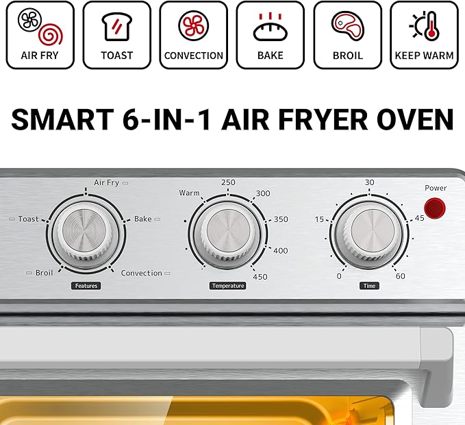 CIARRA CATOSMC01 Oil-Less Countertop Convection Oven, Air Fryer Toaster Oven with 6-in-1 Function, Nonstick Interior, 25QT, 1700W, Stainless Steel