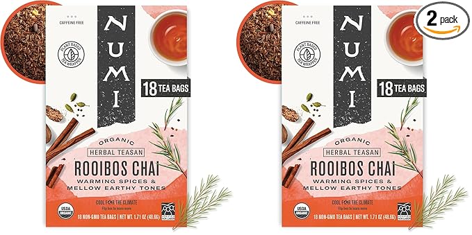Numi Organic Rooibos Chai Tea, 18 Caffeine Free Herbal Bags, Microplastic Free, Rich Flavor with Cinnamon, Allspice & Ginger (Pack of 2)