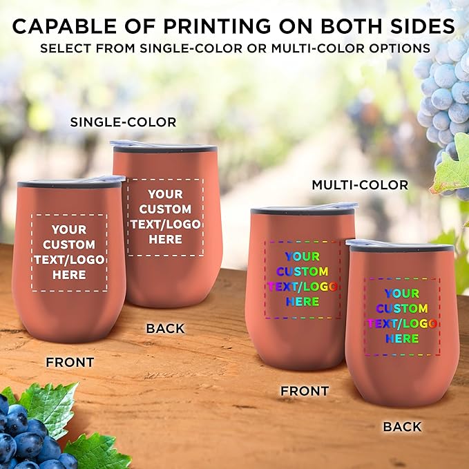 Custom Stemless Wine Tumblers 12 oz. Set of 6, Personalized Bulk Pack - Insulated, Perfect for Wine, Cocktails, Other Hot & Cold Beverages - Rose Gold