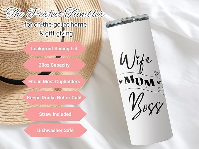 Wife Mom Boss Tumbler - Mother's Day Floral Daisy 20oz with straw and lid - Stainless Steel Tumbler - gift for women - Dishwasher safe