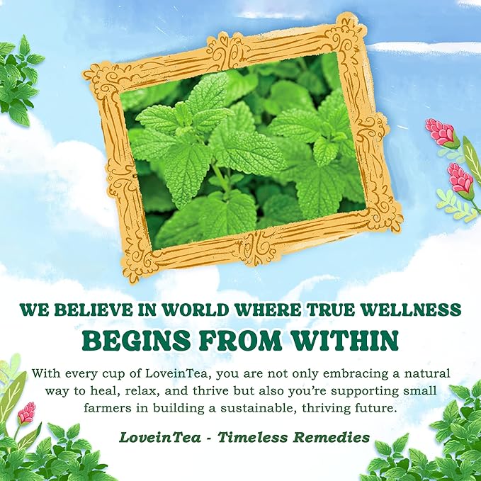 LoveinTea Lemon Balm Herbal Tea Bags, Caffeine-Free, 100% Natural Vietnamese Lemon Balm Blend, Plant-Based Pyramid Bags, 30 Count