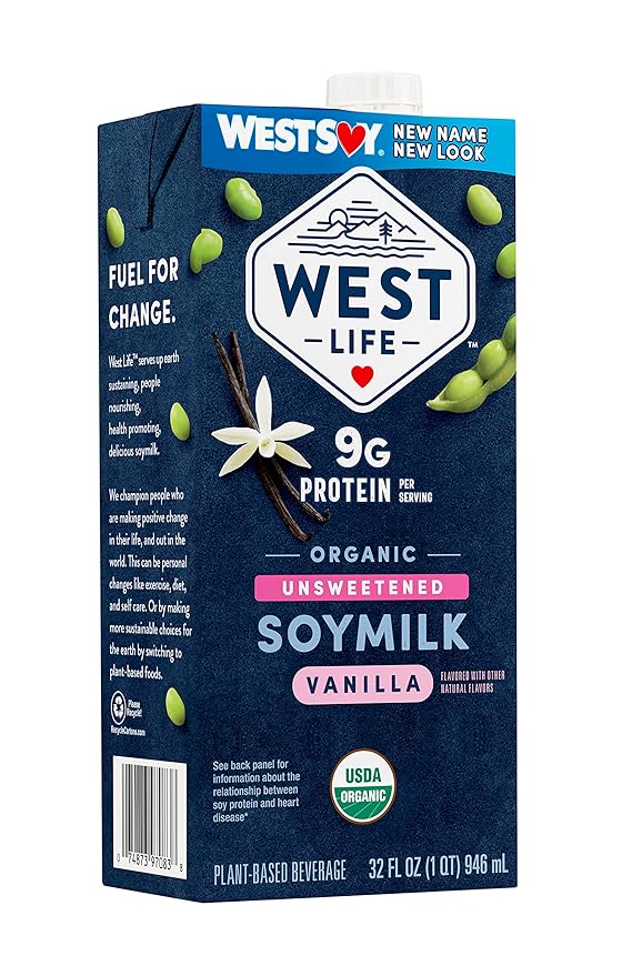 West Life Organic Soy Milk, Unsweetened Vanilla, 8g of Protein, Vegan Dairy Alternative, Lactose-Free, Shelf Stable, 32oz (Pack of 12)