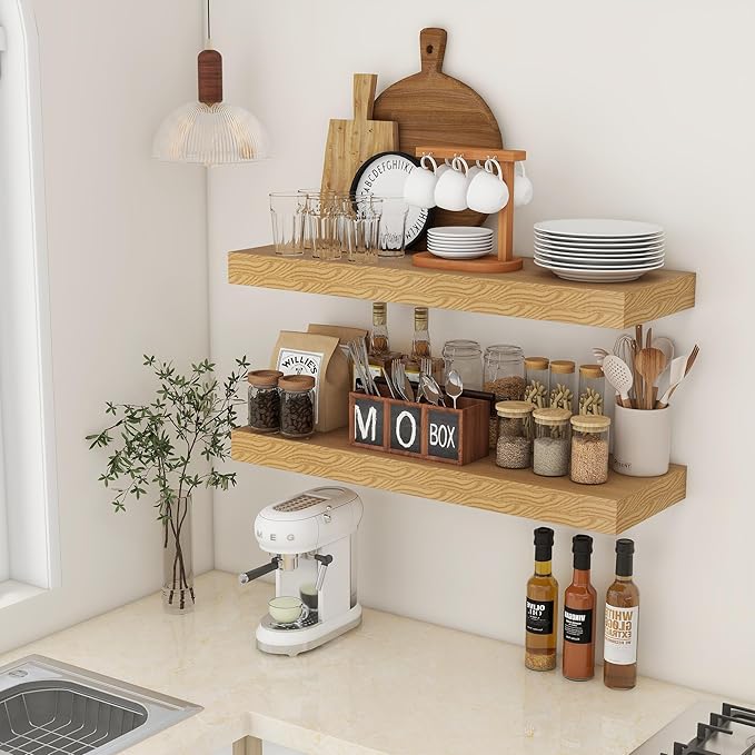 Deep Floating Shelves | 36 Inch Oak Floating Shelves Set of 2 | 12 Inch Deep Rustic Wood Shelves for Wall | 36" W x 12" D Oak Shelves for Living Room Bathroom Laundry Room Kitchen