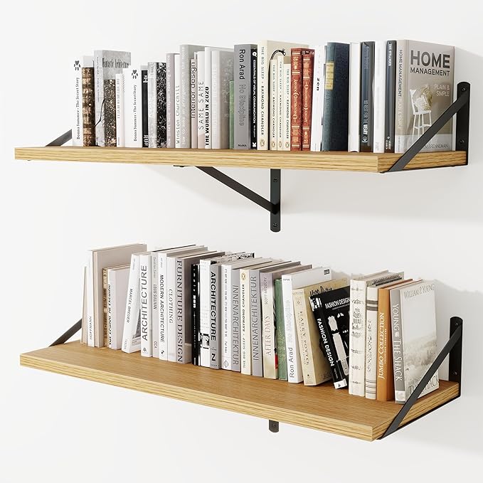 Deep Wall Shelves 36"W x 12"D Engineered Wood Floating Shelves for Wall, Sturdy Metal Bracket Bookshelves Home Decor Storage for Living Room Bedroom Bathroom Kitchen, Set of 2, Oak Finish