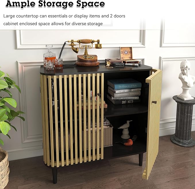 Sideboard Buffet Cabinet with Slatted Bamboo Doors, 31.5" Accent Storage Cabinet with Curved Design, Coffee Bar Cabinet Credenzas for Living Room, Kitchen, Entryway