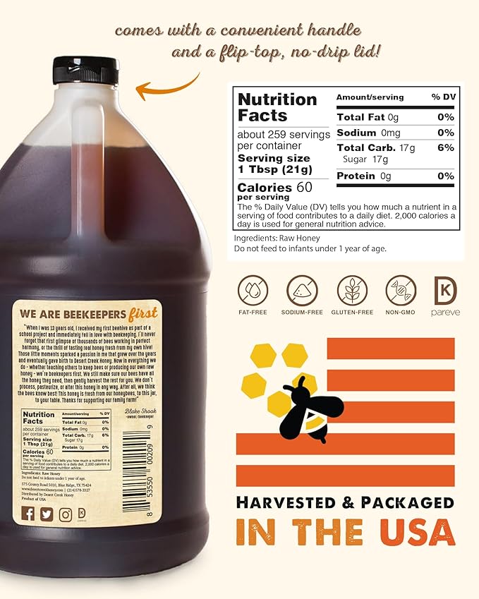 Desert Creek Honey - 100% Unfiltered, Pure, Raw Honey from Texas - Natural Sugar Substitute - One Gallon of Bulk Unprocessed, Unpasteurized American Honey - Harvested by Our Own Beekeepers