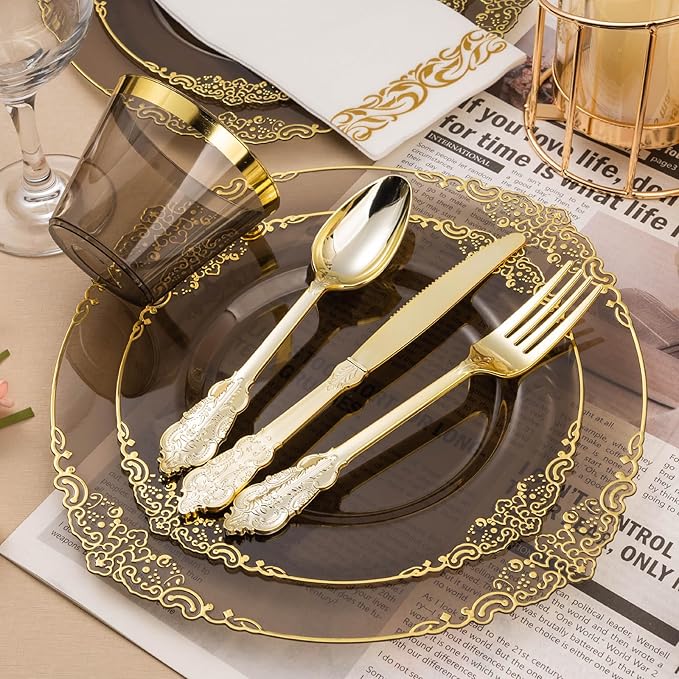 350PCS Clear Black Plastic Plates for 50 Guests, Disposable Plates with Gold Trim include 50 Dinner and Dessert Plates, 150 Gold Silverware, 50 Cups, 50 Napkins for Party & Graduation