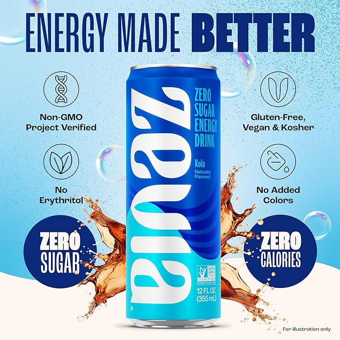 Zevia Zero Sugar Energy Drink, Kola, 12 oz Cans (12-Pack) – Naturally Sweetened, Non-GMO Project Verified, Gluten-Free, Vegan