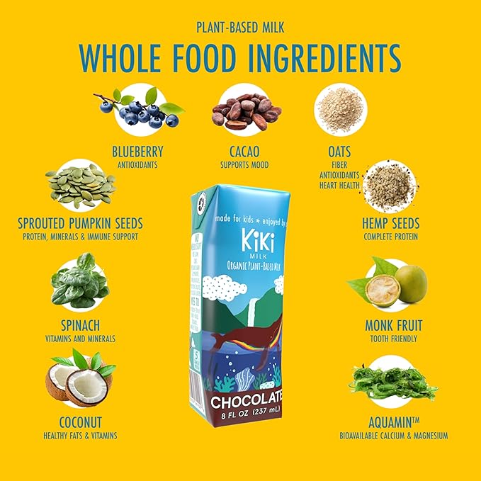 Chocolate Kiki Milk, Organic, Plant Based, Gum Free, GMO Free, Dairy Free, Soy Free, Gluten Free, Glyphosate Free (8 oz • Pack of 12)
