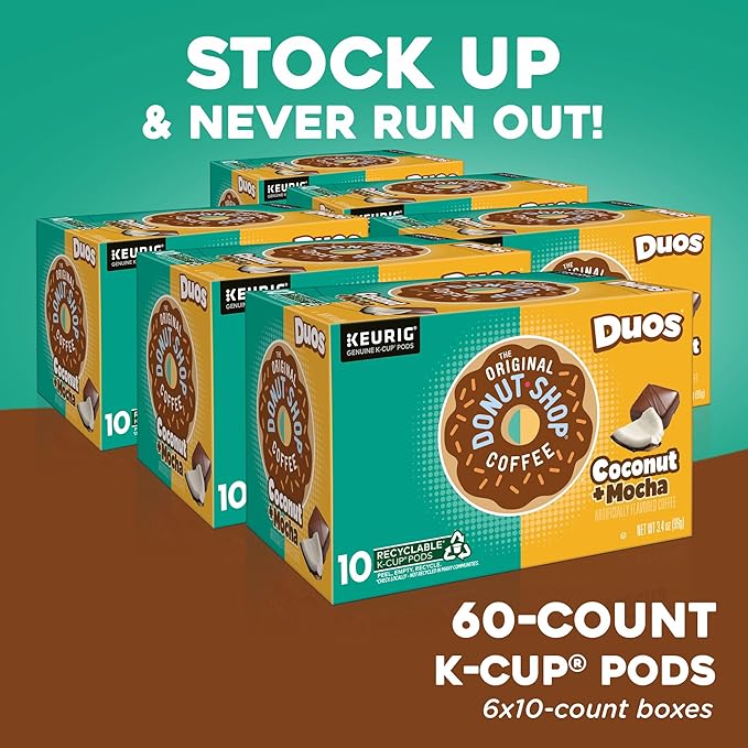 The Original Donut Shop Duos Coconut + Mocha Coffee, Keurig Single Serve K-Cup Pods, Medium Roast Coffee, 60 Count, (6 Packs of 10)