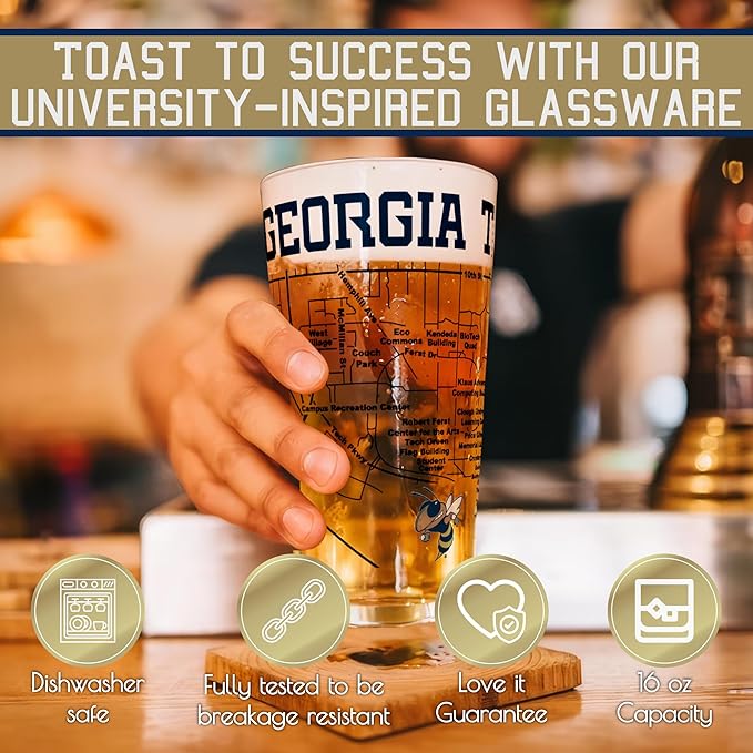 Greenline Goods – Georgia Tech University Yellow Jackets College Pint Beer Glasses (Set of 2), 16 oz – Full-Color Logo + Campus Map